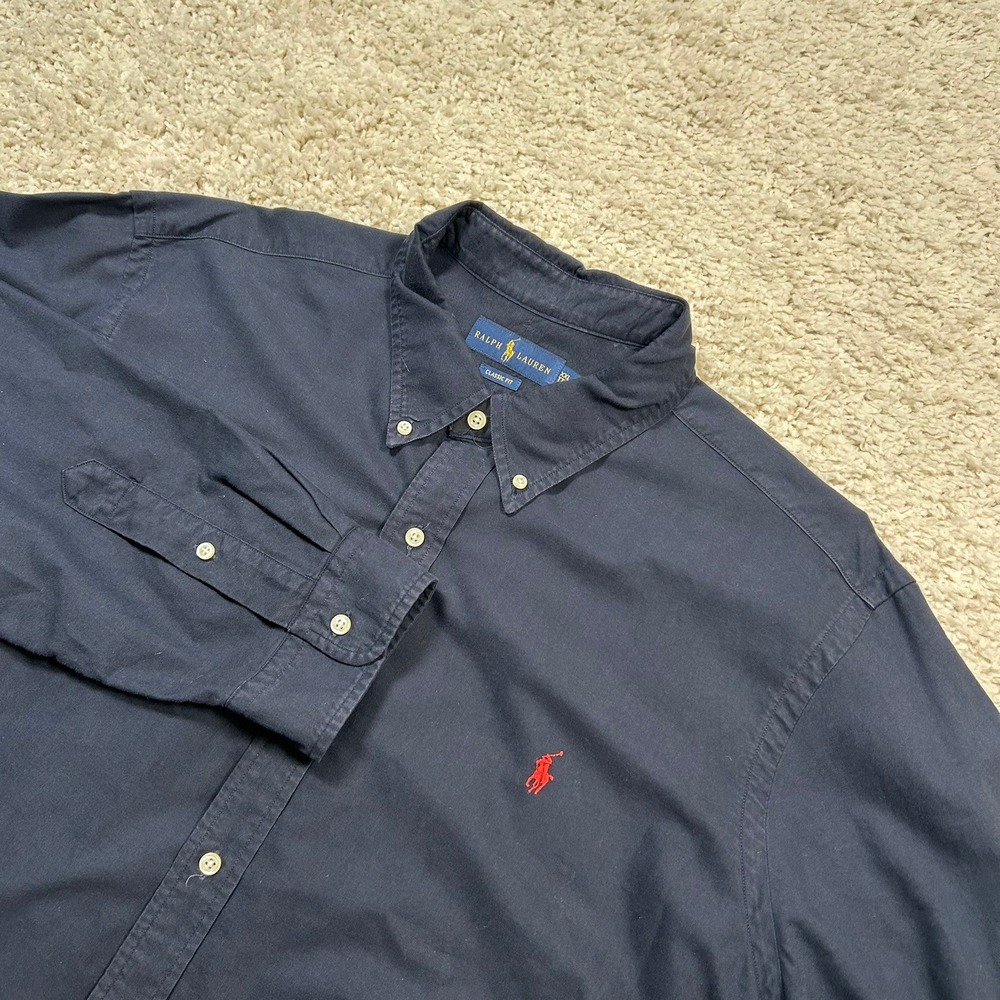 Ralph Lauren Button Down Shirt XXL Navy Blue Classic Fit Long Sleeve Pony Logo